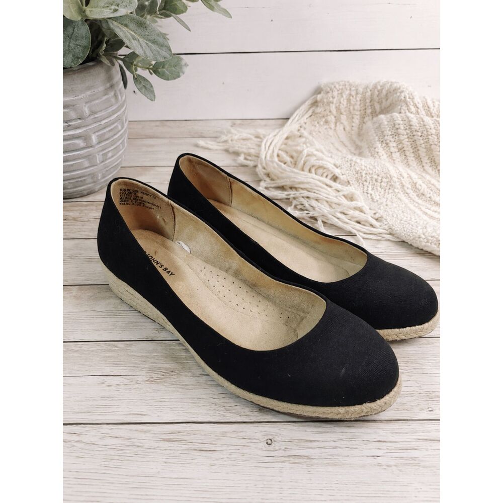 St. John’s Bay Women’s 8.5W Black Espadrille Wedge Flats Memory Foam Comfort